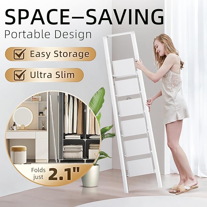 GameGem Step Ladder 6 Step Folding, Aluminum Ladders for High Ceilings, Tall Closet, Cabinet, 6 ft Lightweight Step Ladder with Anti-Slip Foot for Home Use, 330Lbs Load, White