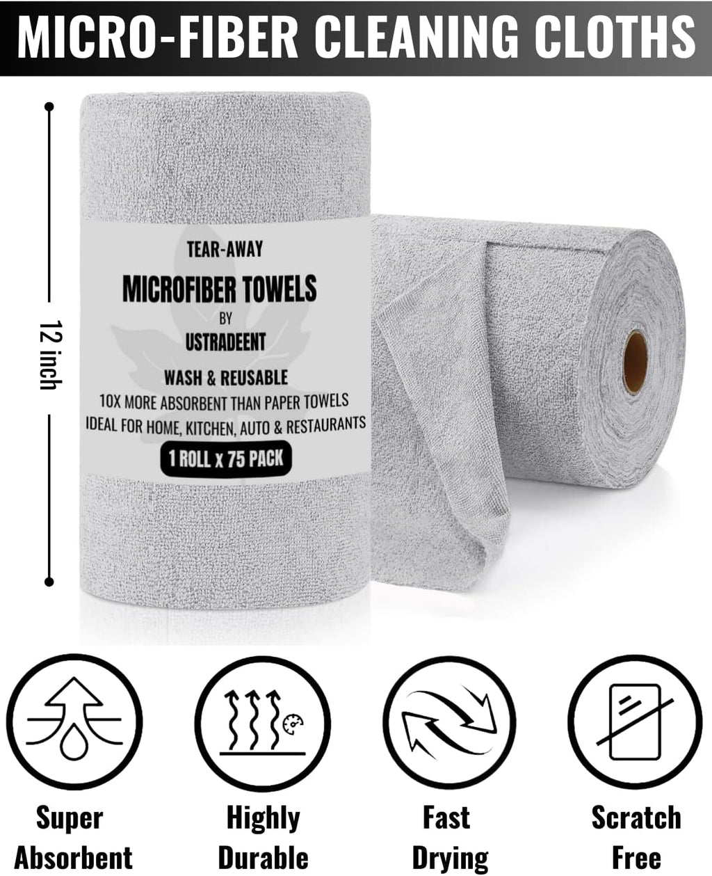 Microfiber Cleaning Cloth Roll -75 Pack - 2 Rolls, Tear Away Towels, 12" x 12", Reusable Cleaning Rags and Microfiber Towels for Cars, Garage and Household Cleaning Supplies (Grey)