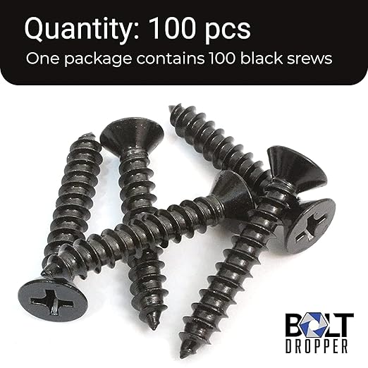 Bolt Dropper #8 x 1 Inch Wood Screws, Pack of 100 - Black Xylan Coated Stainless Steel Flat Head Phillips Screw - Corrosion Resistant for Wood, Drywall Applications, and Outdoor Use