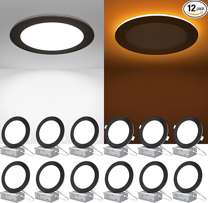 ZYC Recessed Lighting 6 Inch - 12W 1100LM LED Recessed Ceiling Light with Night Light,2700K/3000K/3500K/4000K/5000K Selectable Ultra-Thin Lighting,Dimmable Canless Wafer Downlight,Pack of 12（Black）.