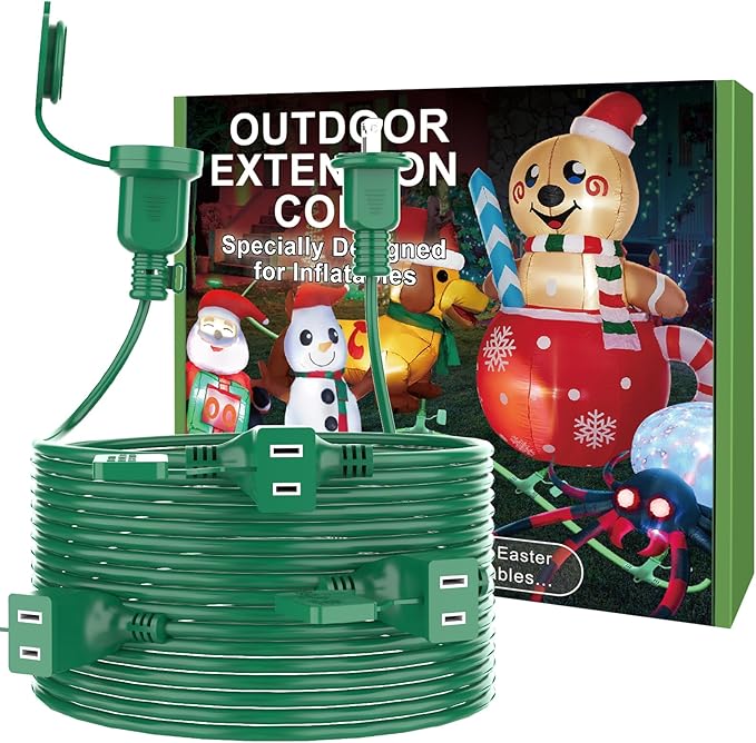 50FT Long Green Extension Cord 3 Outlets for Christmas Inflatables Blow Ups Yard Outdoor Outside Decorations Extension Cords with Multiple Outlets Plugs Cover Splitter Waterproof for Christmas Lights