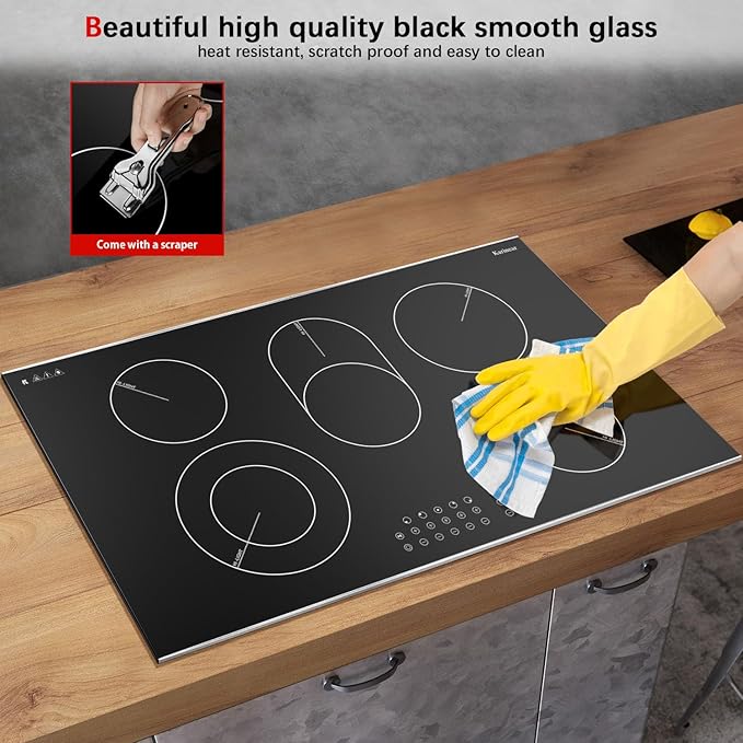 Karinear Electric Cooktop 36 Inch, 5 Burners Electric Stove Top, Built-in Glass Radiant Electric Ceramic Cooktop, Expandable Zones, Lock, Timer, Pause, Metal Edged Protection, 8400W 220~240v Hardwired