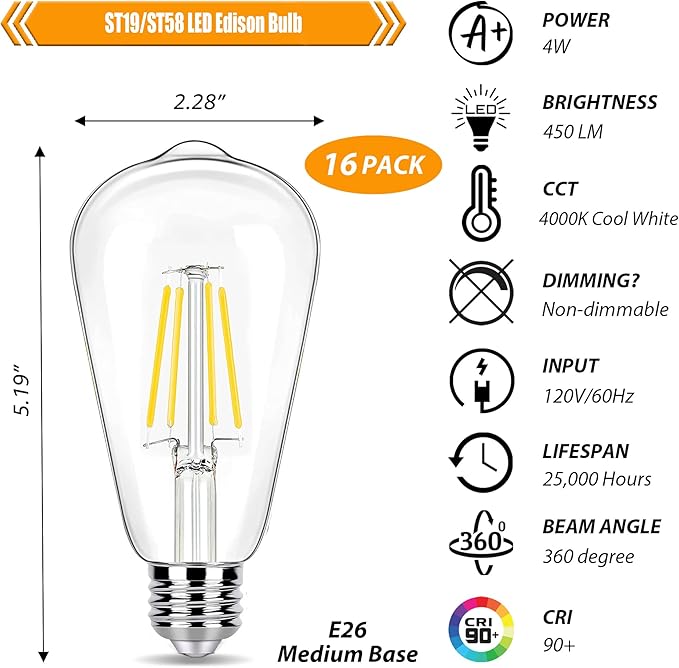 16 Pack LED Edison Bulbs 40W Equivalent, Not-dimmable 4 Watt LED Filament Bulb, 4000K Cool White ST19 Light Bulb, 450LM E26 Vintage Bulbs for Ceiling Light Fixtures