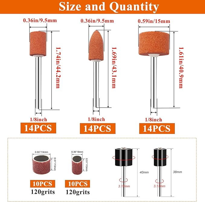 64Pcs Sanding Bits for Dremel Rotary Tools, 42Pcs Aluminum Oxide Grinding Stones Sanding Drill Bits (1/8 inch Shank) and Sanding Drums, Grinding Bits for Metal Rust Removal Polishing