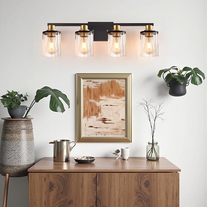 4-Lights Bathroom Vanity Light Fixtures, Modern Black Wall Lamp Over Mirror with Clear Glass Shade for Living Room, Hallway, Kitchen,Toilet, Cabinet Porch