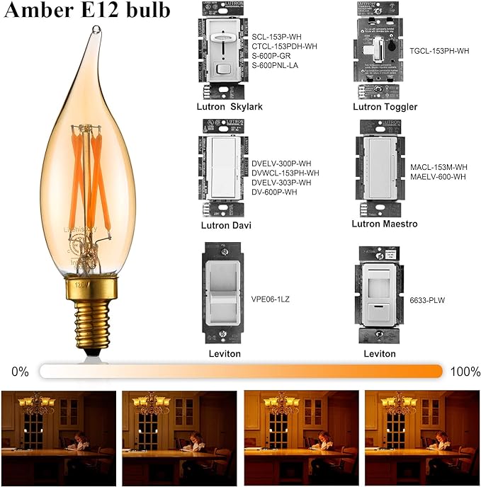 LiteHistory Dimmable 4W 2200K Amber CA10 led Bulb E12 Candelabra led 250lm, Warm White, 40W Flame tip 6Pack