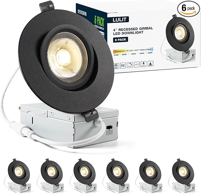 6 Pack Black 4-inch 5 CCT Gimbal LED Recessed/Downlight Color Selectable 2700K/3000K/3500K/4000K/5000K 800Lm 9W 120V Dimness Adjustable LED Lights