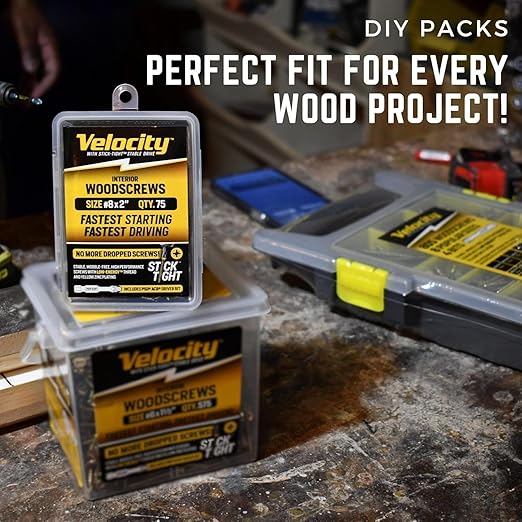 Velocity Interior 1 1/2 Inch Wood Screws Contractor Pack (Size #6, 876 Pcs) – Self Tapping Screws with Phillips Bits, Stick Tight Technology, Carbon Steel with Zinc Plating, Durable Storage Organizer