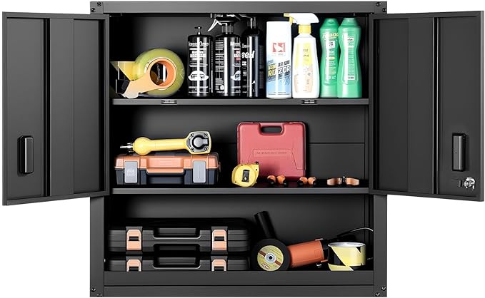 VEVOR Metal Wall Cabinet, 30W x 12.01D x 30H Inch, Steel Floating Hanging Storage Cabinet with Locking Doors and Adjustable Shelf for Garage, Basement, Kitchen, Warehouse Assembly Required, Black