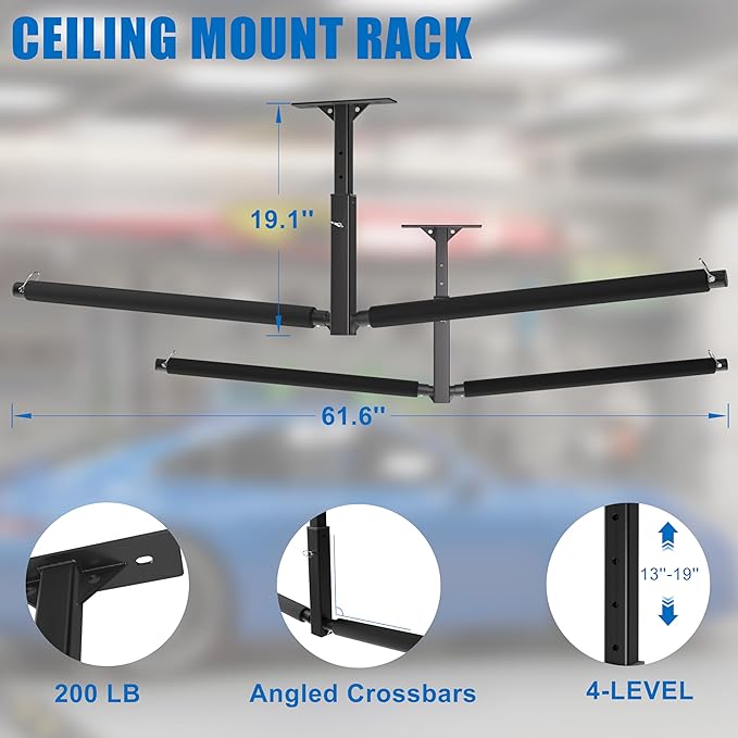 Double Paddleboard and Surfboard Garage Ceiling Storage Racks, Adjustable Height Overhead Storage Ladder Hanger, Heavy Duty Kayak Ceiling Storage with Fix Straps, Holds 200 lbs, Black