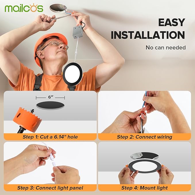 MAILCOS 12 Pack Black 6 Inch 5CCT LED Recessed Ceiling Light with Night Light, 2700K-5000K Selectable, Ultra-Thin Lighting, 12W=110W, 1050LM, Dimmable Canless Wafer Downlight ETL Certificated