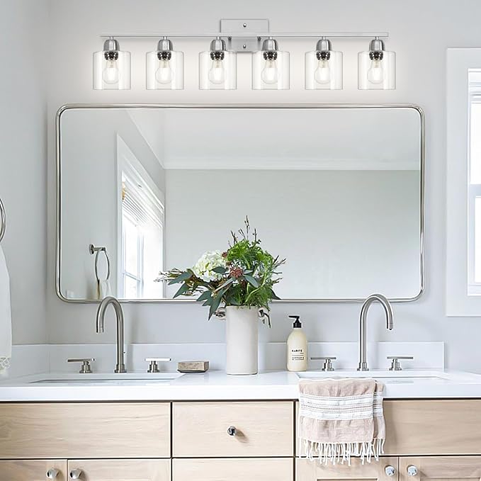 Modern Brushed Nickel 6 Light 38 inch Vanity Lights for Bathroom with Clear Glass, Vanity Light for Mirror Kitchen Living Room Hallway Cabinet Porch