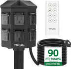 Outdoor Power Strip with 90FT Extension Cord, 100FT Remote Control, Dusk to Dawn Light Timer Waterproof, 6 Grounded Outlets for Yard, Pool and Garden, ETL Listed (90 FT)