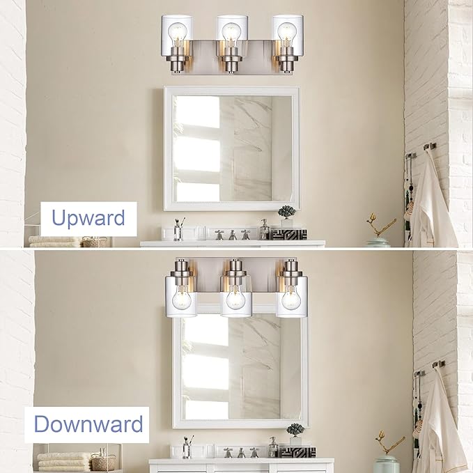 3 Light Bathroom Vanity Light - Brushed Nickel, Modern Farmhouse Style with Clear Glass Shade, Over Mirror Lighting Fixture