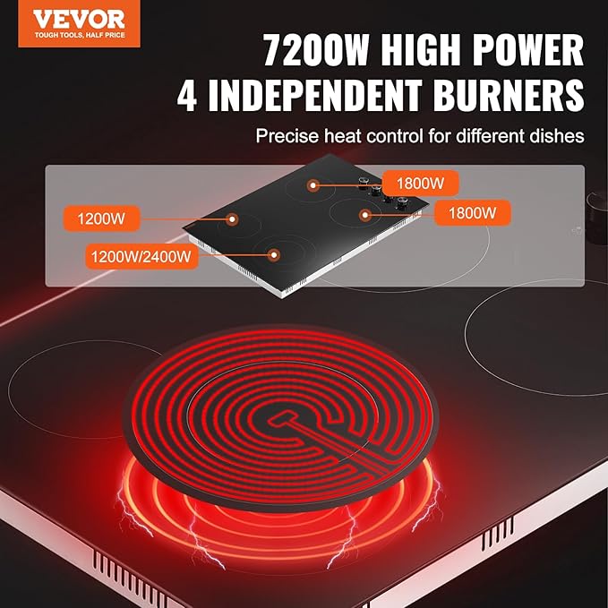 VEVOR Electric Ceramic Cooktop, Built-in Electric Stove Top, with Glass Panel, Knob Control, 11 Heat Levels, for Diverse Cooking Requirements (30inch-4burners/220V)
