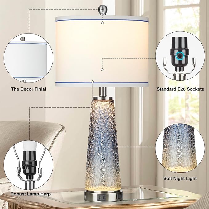 Coastal Glass Table Lamps for Living Room, 26" Table Lamps with USB A+C Ports & AC Outlet, Touch Control Bedside Nightstand Lamp with Crystal Night Light for End Table Office Desk Blue(Bulbs Included)