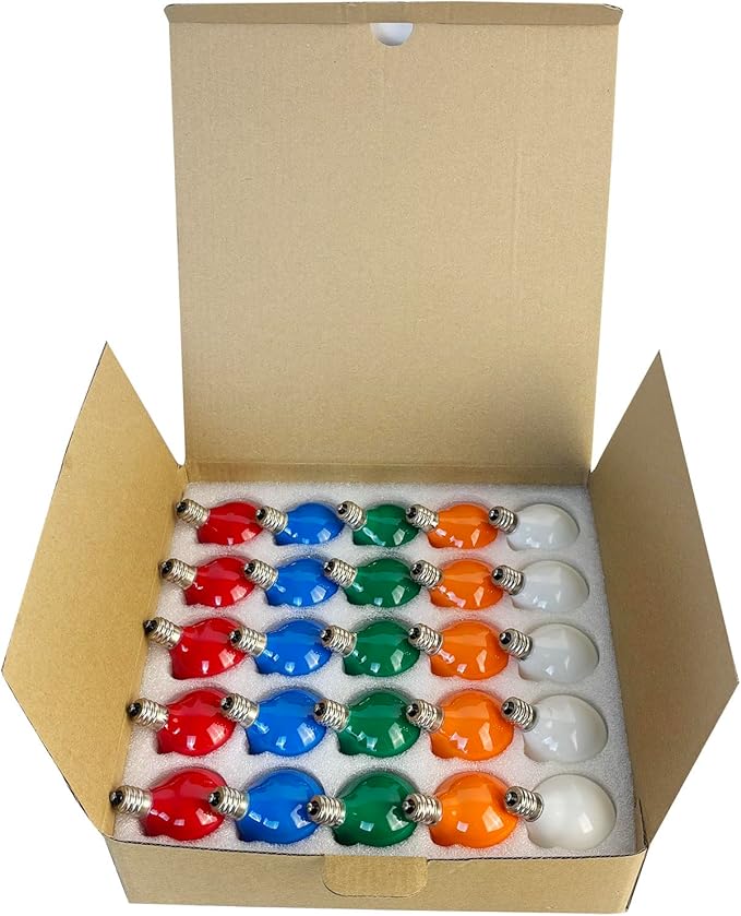 25-Pack G40 Replacement Christmas Lights Bulbs, Colored Light Bulbs for Christmas Outdoor String Lights, C7/E12 Candelabra Base, 5W Incandescent Light Bulbs-Multicolor