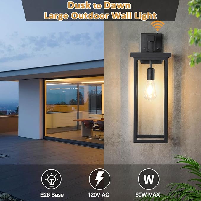 tewei Dusk to Dawn Large Outdoor Wall Lights, 20 Inch Outdoor Sconce Lights Black Exterior Lighting Fixtures, Large Porch Light with Clear Shade Sensor Modern House Lights for Garage, 1 Pack