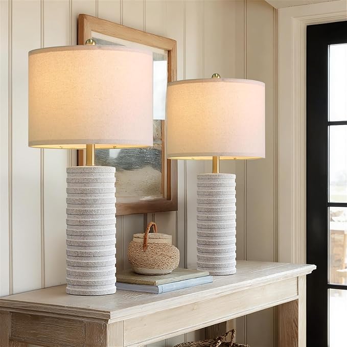 PoKat 27" Stone-Like Farmhouse Ceramic Table Lamps Set of 2 for Bedroom, Rustic Nightstands Lamps for Night Stands, Distressed Neutral Bedside Lamps with Natural Textured for Living Room, Home Decor