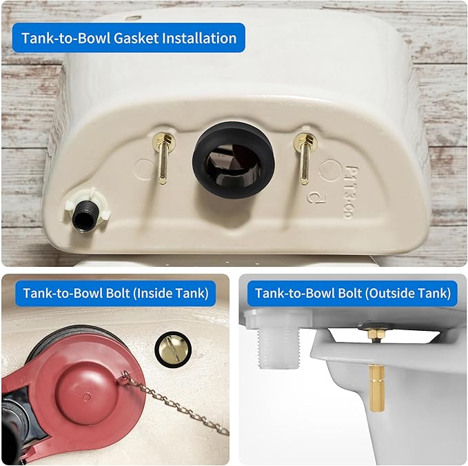 Universal Toilet Tank to Bowl Bolt & Gasket Replacement Kit Tank Repair Kit Includes 2" & 3" Rubber Seal Gaskets, Extra-Long Brass Plated Bolts, Washers, Nuts, Fits Most 2-Piece Toilets