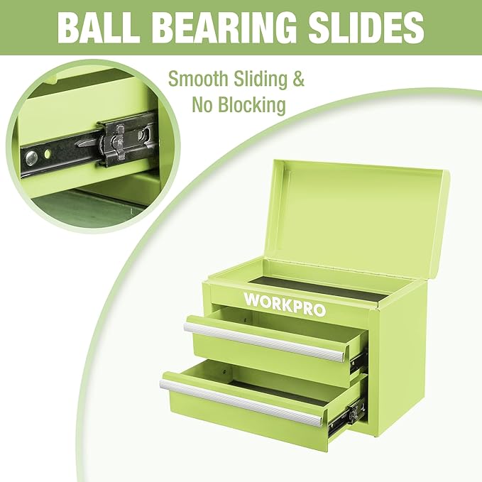 WORKPRO Metal Mini Tool Box, Top Tool Chest containing Two Drawers with Ball Bearing Slides, PVC Drawer Liners and PP Feet Pads, Durable Cold Rolled Steel Small Toolbox for Multi-Purpose Storage