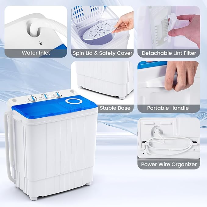 COSTWAY Portable Washing Machine, 17.6 lbs Capacity Twin Tub 11 lbs Washer and 6.6 lbs Spinner with Control Knobs, Timer Function, Drain Pump, Compact Laundry washer for Home Dorm Apartment RV (Blue)