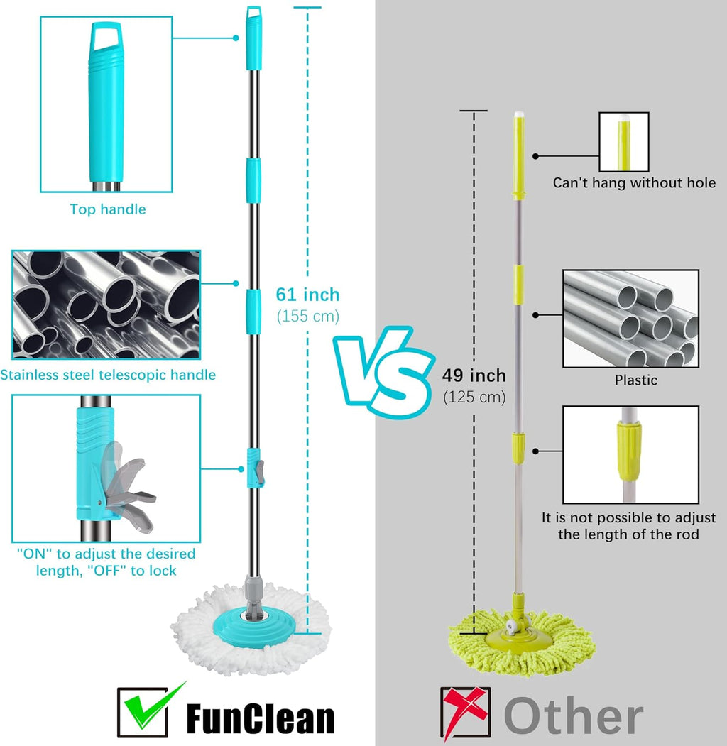 FunClean Spin Mop and Bucket,Mop and Bucket with Wringer Set for Home,360 Spinning Mopping Floor Cleaning Tool with 6 Microfiber Replacement Head Refills,61" Extended Handle, 2X Wheel - Blue