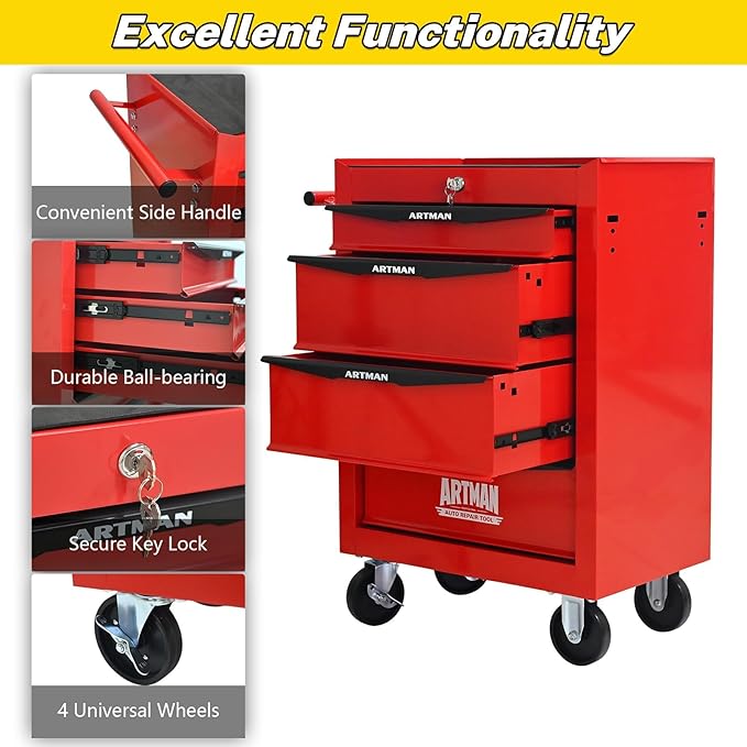 4-Drawer Steel Rolling Tool Cart with Wheels & Handle, Heavy-Duty Tool Chest Storage Cabinet for Garage and Workshop