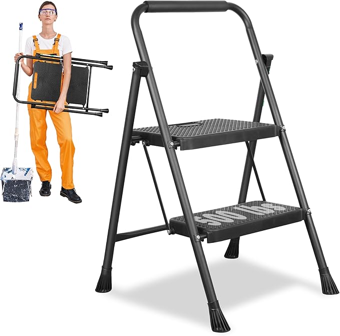 2 Step Ladder, Protable Steel Folding Stool with Wide Anti-Slip Pedal, 500lbs Sturdy Steel Ladder, Black