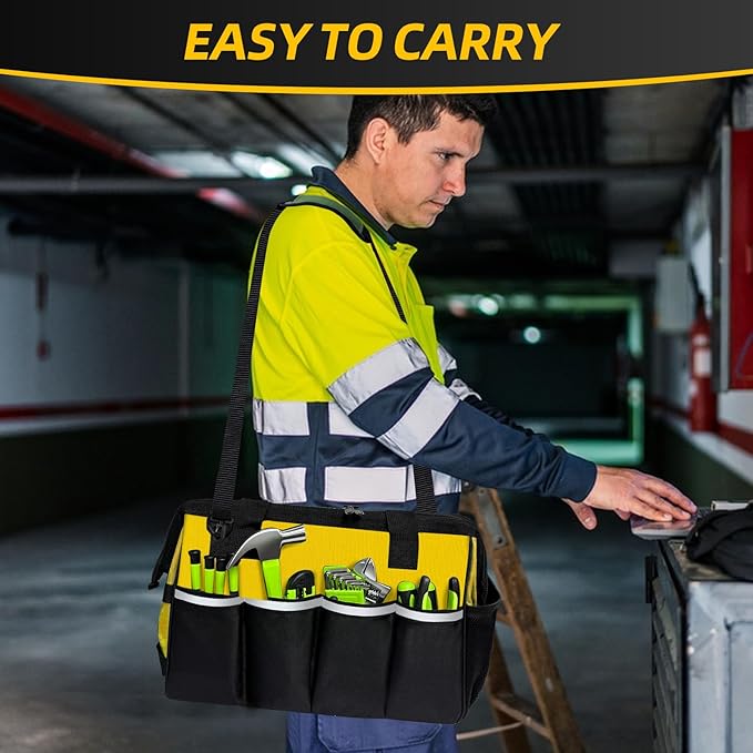 Tool Bag, Portable Tool Box Organizer Adjustable Shoulder Strap, Carry Tool Tote Heavy Duty Tool Storage Bag With Wide Mouth,Tool Bags for Men Mechanic EngineerGift - L, Yellow & Black