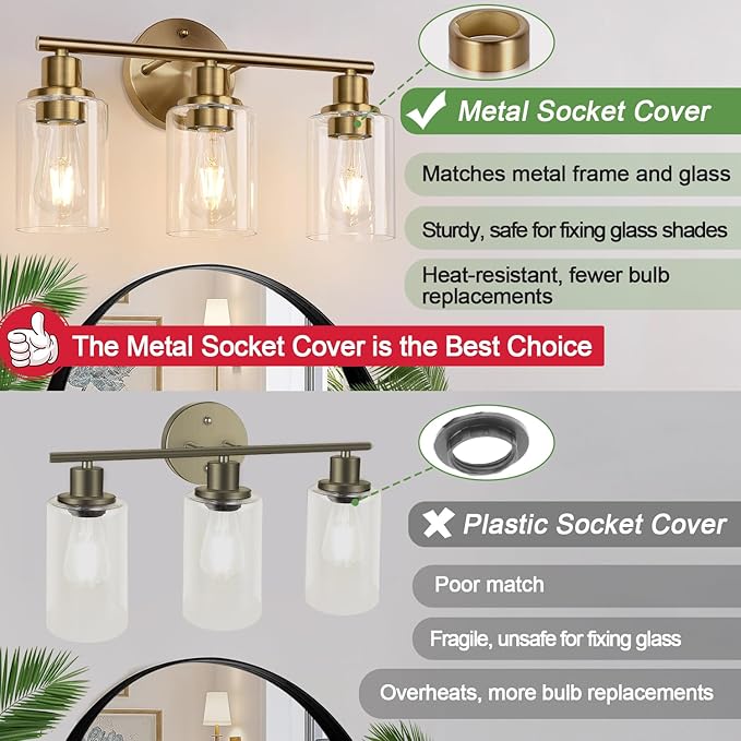 3-Light Bathroom Light Fixtures, Brushed Brass Bathroom Wall Lights with Clear Glass Shade, Modern Bathroom Wall Lamp for Mirror Kitchen Living Room Hallway Cabinet