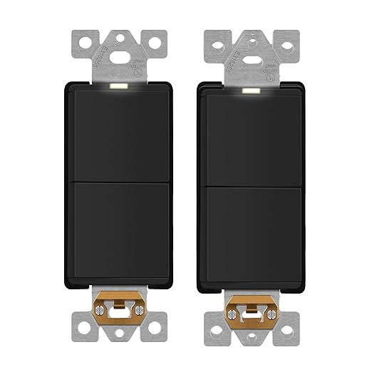 LIDER Minimalist Design Matte Finish Lighted Double Switch, Combination Frameless Decorator Switch with Locator Light, Ground Terminal, Single Pole, 15A 120-277V, UL Listed,Black, 2 Pack