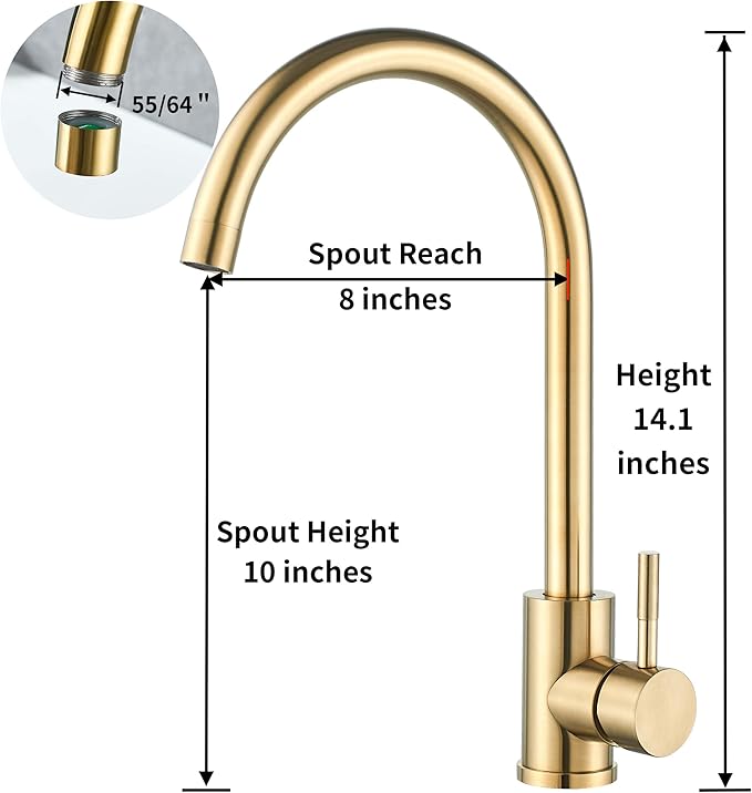 Single Handle High Arc Brushed Gold Kitchen Faucet Stainless Steel Commercial Single Hole Kitchen Sink Faucet,Modern One Hole Bar Sink Faucet(Brushed Gold)