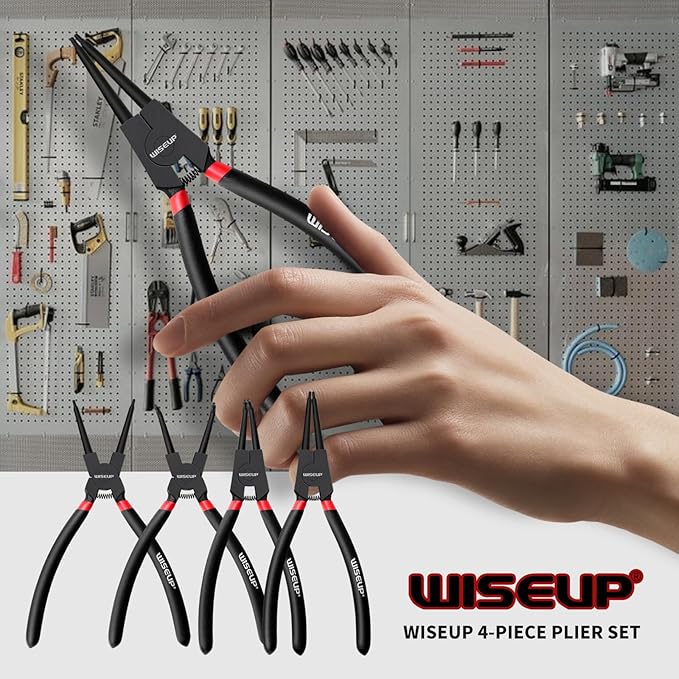 WISEUP Snap Ring Pliers Set Heavy Duty,4PCS-9 inch long Internal/External Circlip Pliers Kit,Straight/Bent Jaw Tips C-Clip for Ring Remover Retaining (9 inch Circlip Pliers, 4 pcs)
