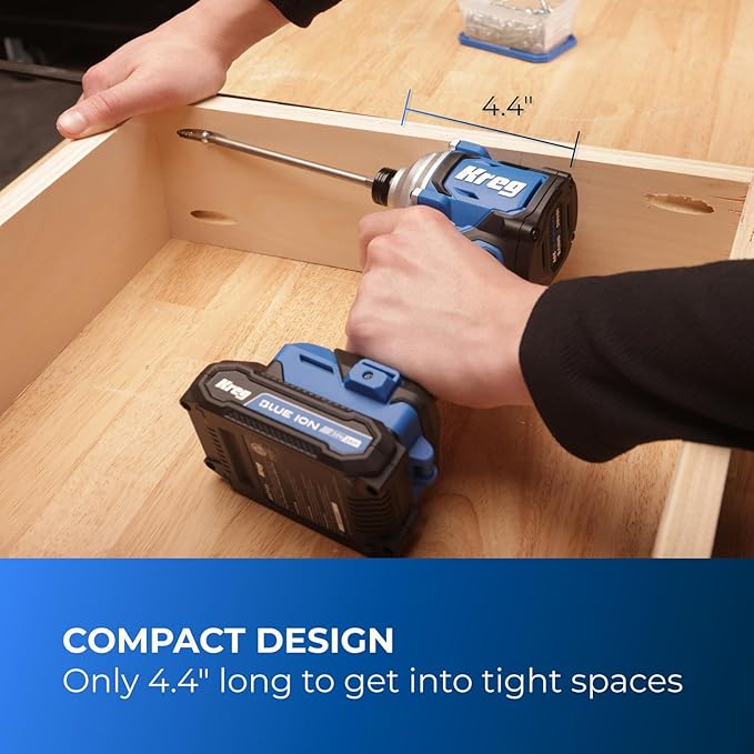 Kreg 20V Ionic Drive 1/4" Compact Impact Driver, 20V Blue Ion Charger & Blue Ion 2Ah Battery Pack - Compact, Cordless Driver with 2,200 in-lbs of Torque - 20V Variable Speed - LED Light - KPTBDV025A