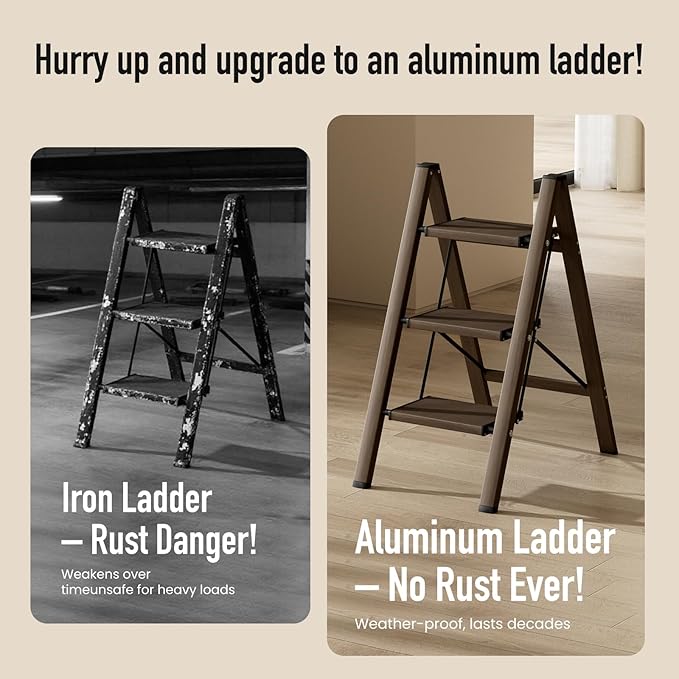 3 Step Ladder,Aluminum Folding Step Stool for Adults,Step Ladder with Wide Anti-Slip Pedal,330 lbs Capacity for Home,Office,Kitchen,Library(Walnut)