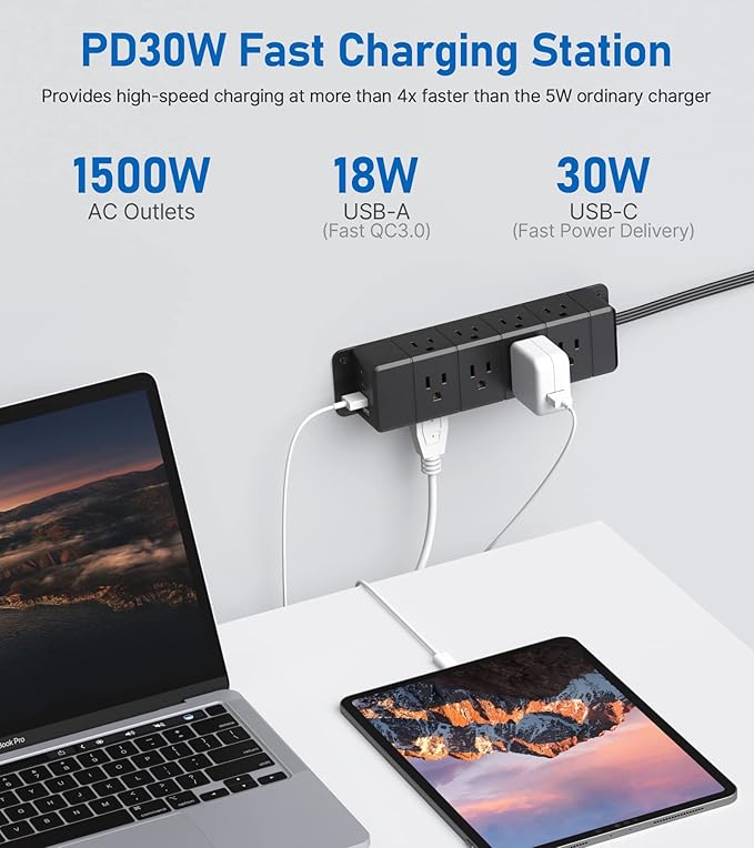 30W USB C Power Strip Surge Protector,4 Side 12 Outlets Desk Power Strip with Ultra Thin Flat Plug,PD Fast Charing,2 USB-C,2 USB-A(4 USB Total 40W),10ft Flat Extension Cord with Multiple Outlets,1200J