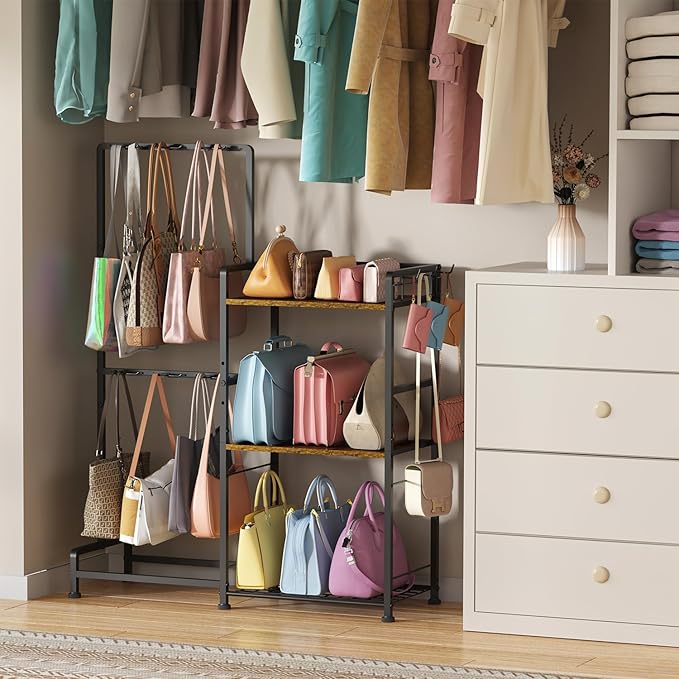 Purse Storage Organizer for Women, 3-Tier Max Purse Storage Stand Rack Holder & Bag Shelf for Closet,12 Fixed Hooks& 3 Side Hooks,Keeping Purses Visible,Purse Display & Bag Organizer for Various Bags