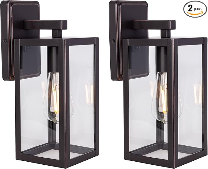 LIT-PaTH Outdoor Wall Lantern, Wall Sconce as Porch Lighting Fixture, E26 Medium Base Max 60W, Anti-Rust Metal with Glass Shade, Oil Rubbed Bronze Finish, 2-Pack