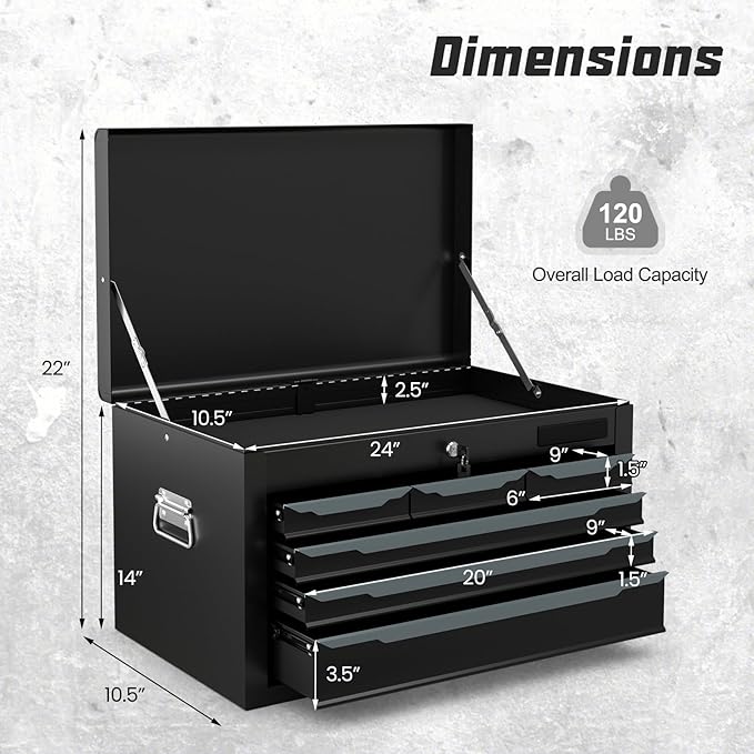 6-Drawer Tool Box, ARNOT 24" Heavy-Duty Steel Tool Chest, Portable Tool Storage Organizer with Auto-Locking Drawers, Top Tool Tray, and Side Handles for Garage, Warehouse, or Workshop Storage (Black)