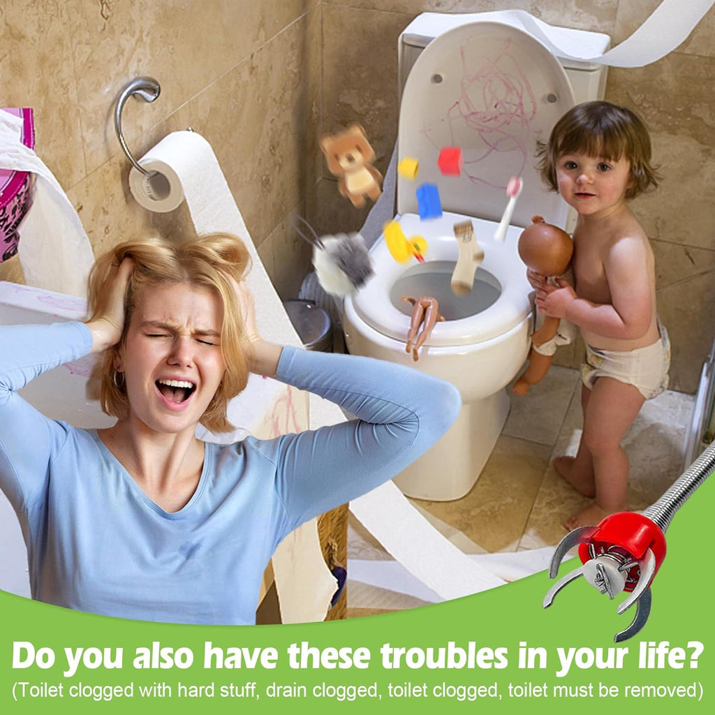 51 Inch Toilet Auger Snake with 4 Claw Grabber Fits Pipes 1.6 Inches or Larger Flexible Clog Removal Tool for Toilets and Drains Includes Gloves and Cleaning Brushes