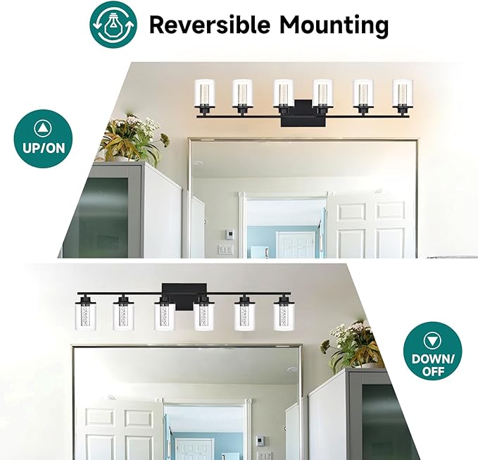 6-Light Bathroom Vanity Lights Over Mirror,Black Bathroom Led Vanity Light,Wall Sconce Light Fixtures with 5CCT6 Dimmable LED&Clear Glass Shade for Bedroom,Living Room,Cabinet Wall Lamp