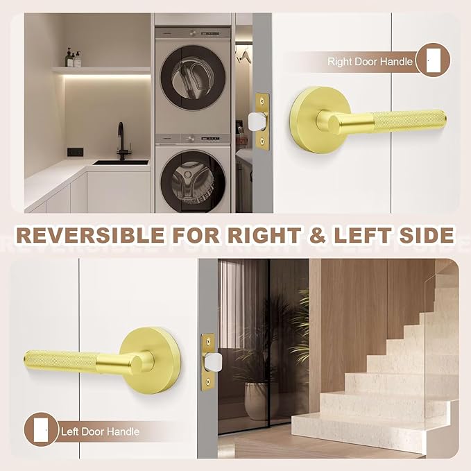 6 Pack Gold Interior Door Handles, Passage Door Lever Without Lock, Modern Round Knruled Door Knobs for Closet and Hall, Reversible Non-Locking Handle Lever