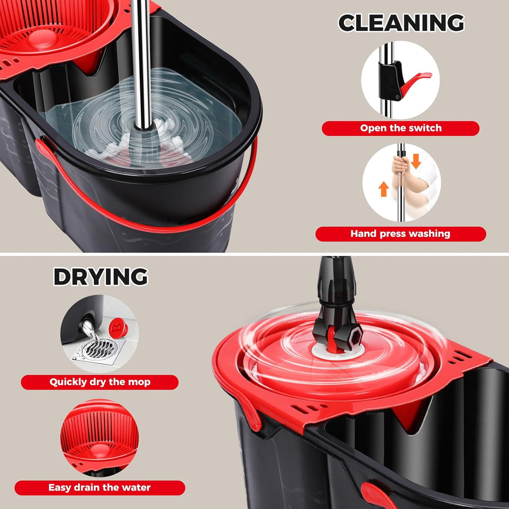 Spin Mop and Bucket with Wringer Set for Home,360° Mop and Bucket with Separate Clean and Dirty Water,Wet Dust Mop for Floor Cleaning with 3 Mop Heads