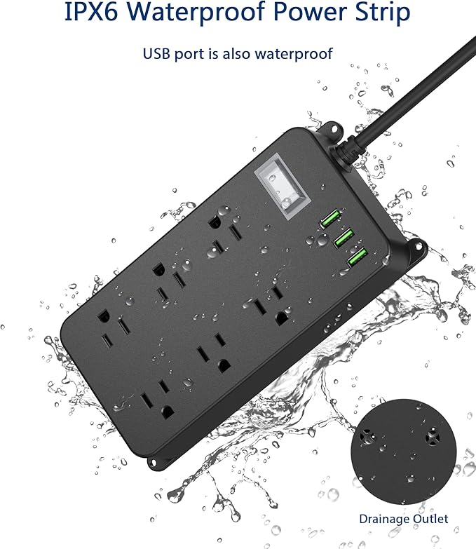 Outdoor Power Strip Weatherproof with USB,Waterproof Surge Protector,3 USB Ports,6 Outlets,Multi Plug Electrical Outlet for Camping,Home Office Patio Porch,etc,6FT Cord,Flat Plug