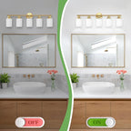 5-Light Vanity Lights, Brushed Gold Bathroom Light Fixture with Striped Textured Milky White Glass Shade, E26 Modern Vanity Lighting Fixture for Bathroom Wall Sconce Light Over Mirror