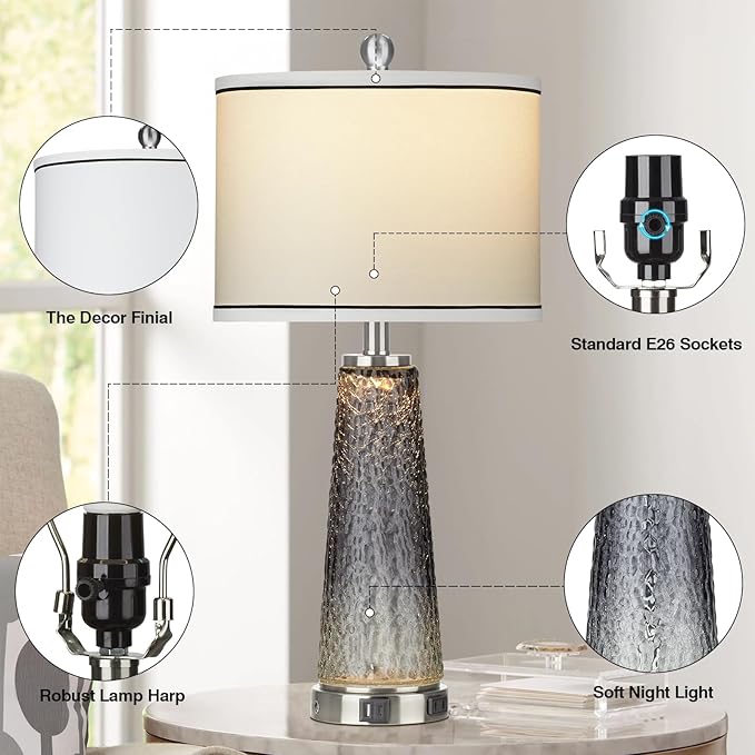 Glass Table Lamp Set of 2, 26" Modern Table Lamps with USB A+C Ports & AC Outlet, Touch Control Bedside Nightstand Lamp with LED Night Light for Living Room Bedroom Home Decor Black(4 Bulbs Included)