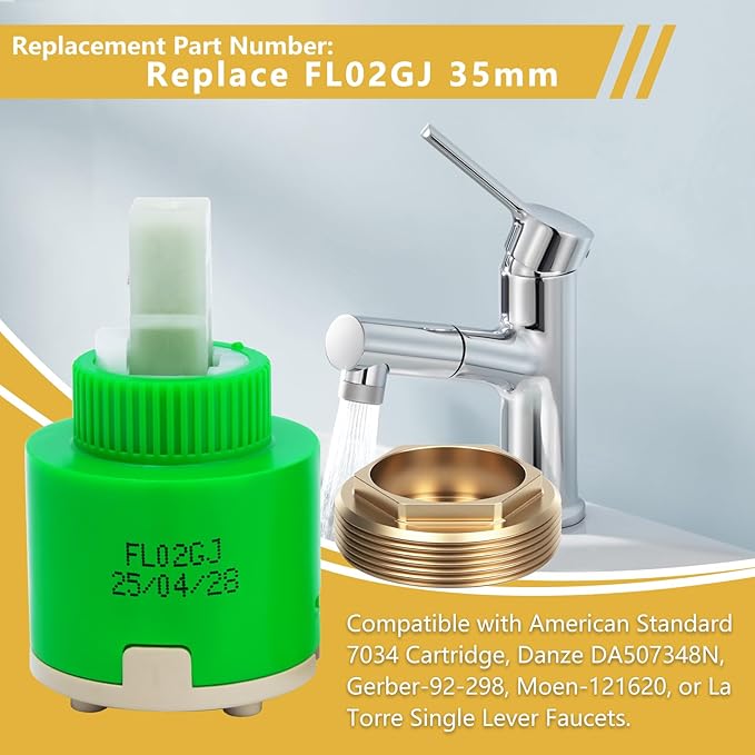 FL02GJ 35mm Single Lever Faucet Cartridge Replacement for American Standard 7034 Cartridge, Danze DA507348N, Gerber-92-298, Moen-121620, La Torre Single Lever Faucets, 1 3/8"