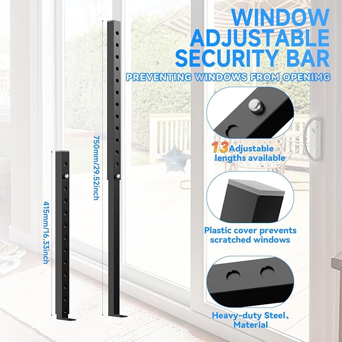 Adjustable Window Security Bars, Window Bars Security Inside Vertical, Window Bar Lock Prevent Burglary, Window Safety Bars for Children, Window Stick Extends from 16.3-29.3 In(Black -1 pcs)