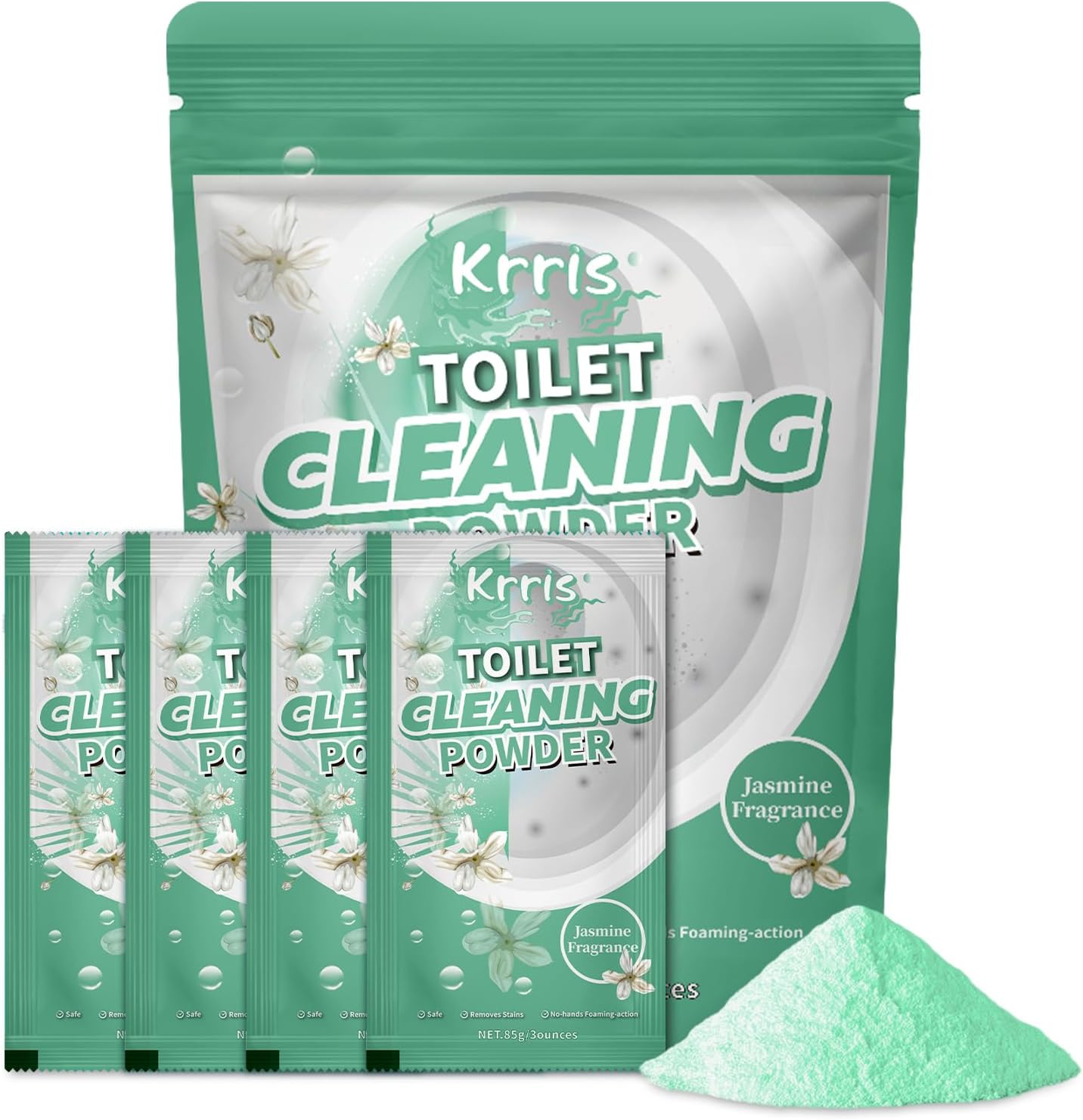 Toilet Bowl Cleaner Powder - Self-Activating Toilet Cleaner for Stubborn Stains & Limescale, Deep Cleaning Foam with Jasmine Fragrance, Safe Toilet Cleaning Supplies (4 Packs × 3 oz)